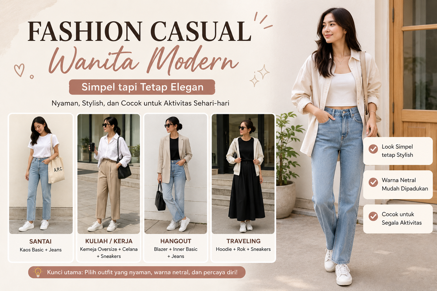 fashion casual wanita modern simpel dan elegan untuk aktivitas sehari hari